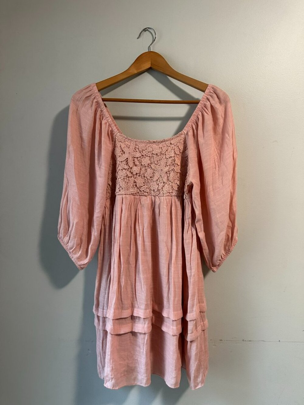 J Gee Pink Crochet Lace Puff Sleeve Boho Cottagecore Dress Petite Small